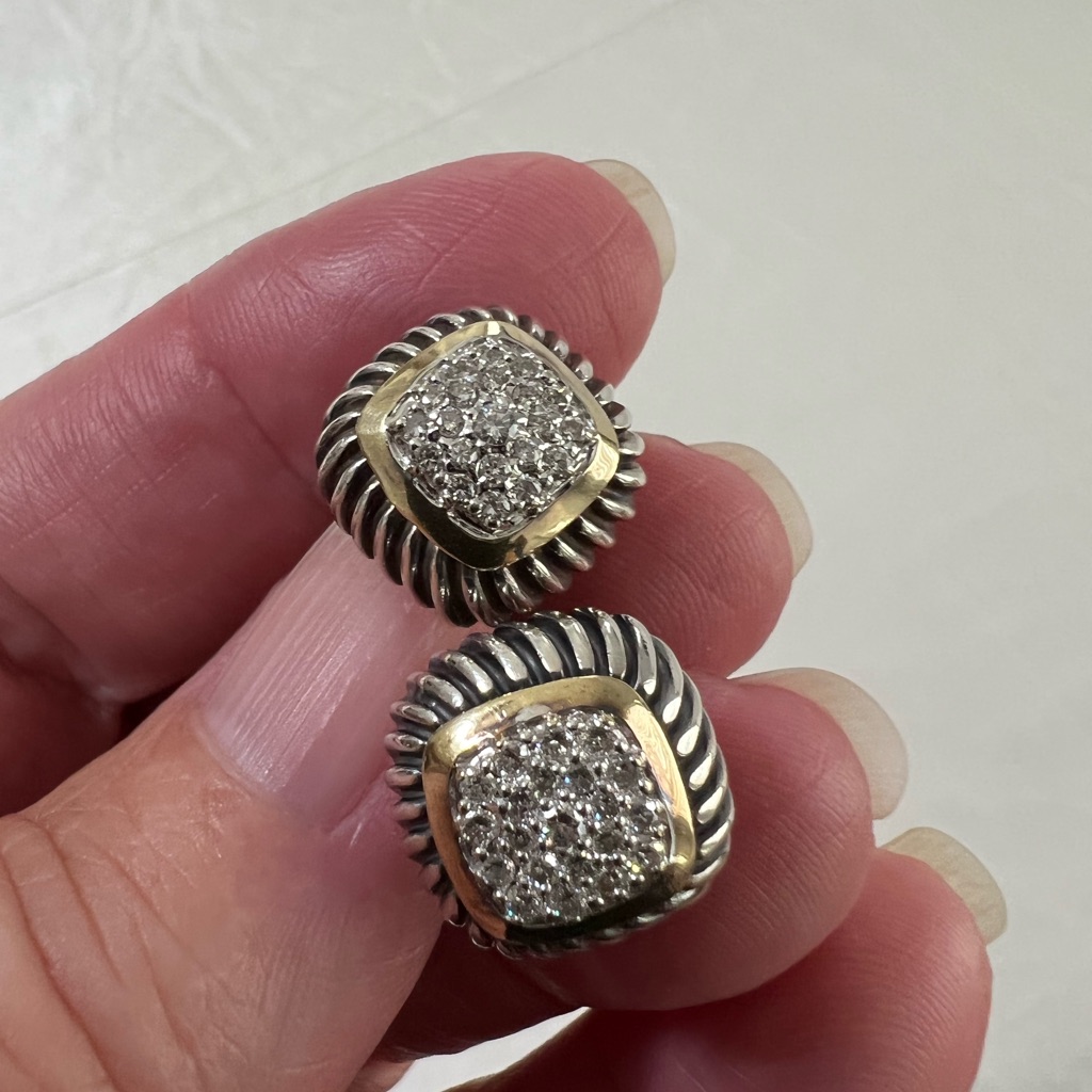 David Yurman Diamond Earrings Retired Yg And Sterling Excellent Preowned